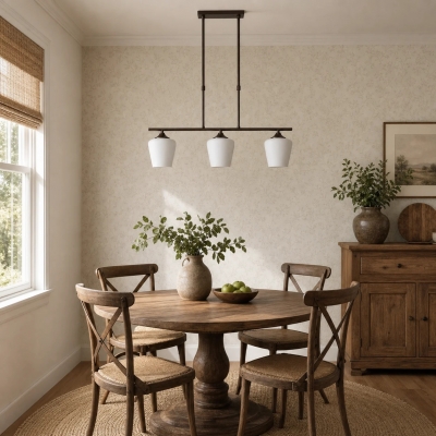 Lampadario lineare Strellux con paralumi in vetro opalino bianco - Stile rustico marrone caffè per sale da pranzo T2726