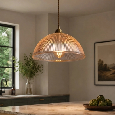 Lampada a sospensione vintage in vetro scanalato con dettagli in ottone T2480