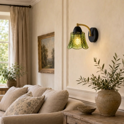 Vintage Green Glass Wall Lamp with Wood Accent T2918