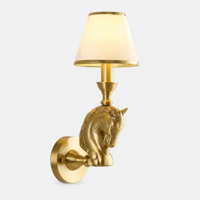 Lampada da parete antica in ottone a forma di testa di cavallo e tessuto T2939