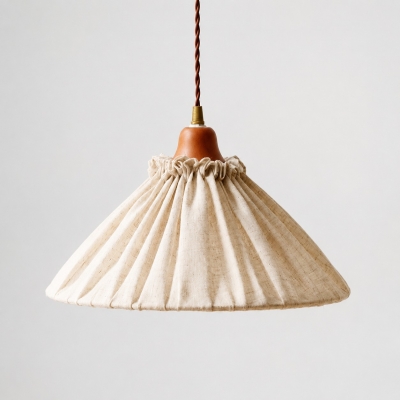 Hanglamp van natuurlijk linnen met plooien en houten fitting T3126
