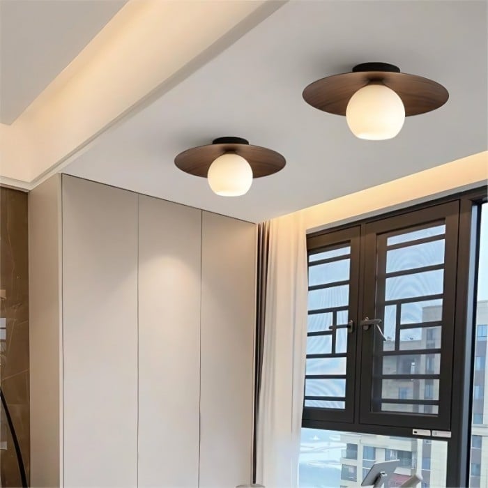 Lampada da soffitto a globo scandinava in legno e vetro S07