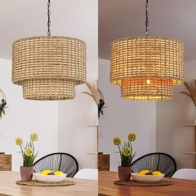 Natural Rattan Double Drum Pendant Light With Black Canopy G02