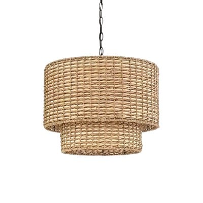 Natural Rattan Double Drum Pendant Light With Black Canopy G02