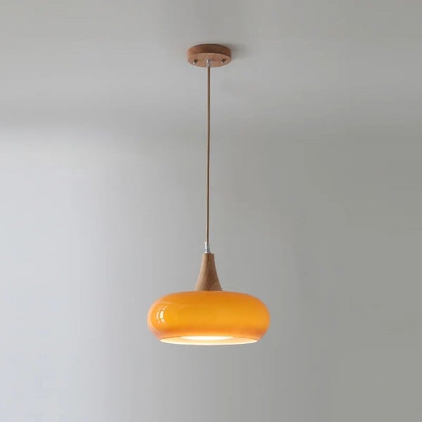 Graceful Glass Pendant Lamp with Sculptural Wooden Detail S248