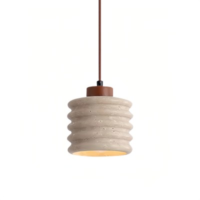 Ribbed Cylinder Travertine Pendant Lamp With Wooden Accent S265