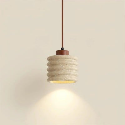 Ribbed Cylinder Travertine Pendant Lamp With Wooden Accent S265