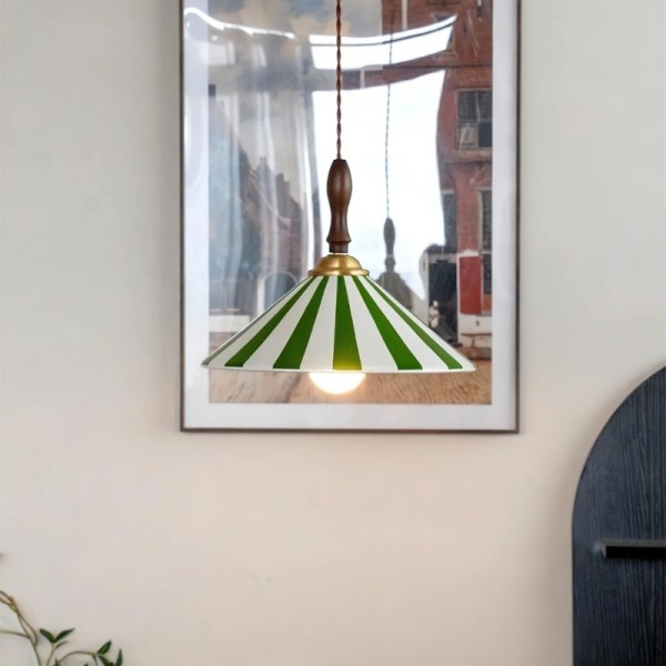 Lampada a sospensione vintage in ceramica a righe colorate con dettagli in legno S282