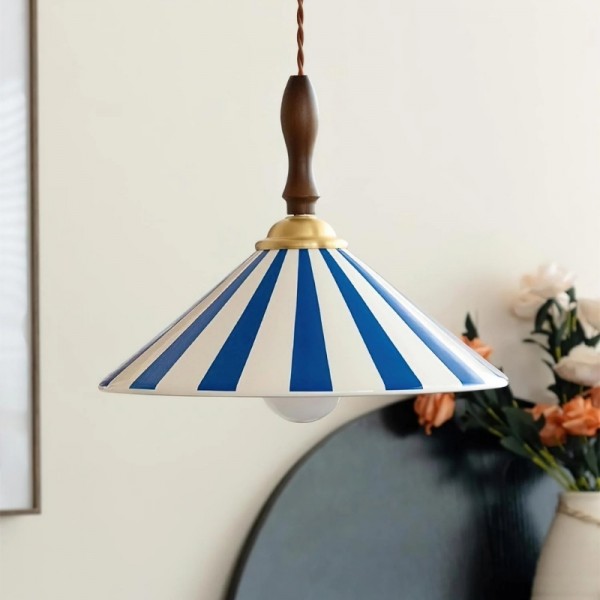 Lampada a sospensione vintage in ceramica a righe colorate con dettagli in legno S282