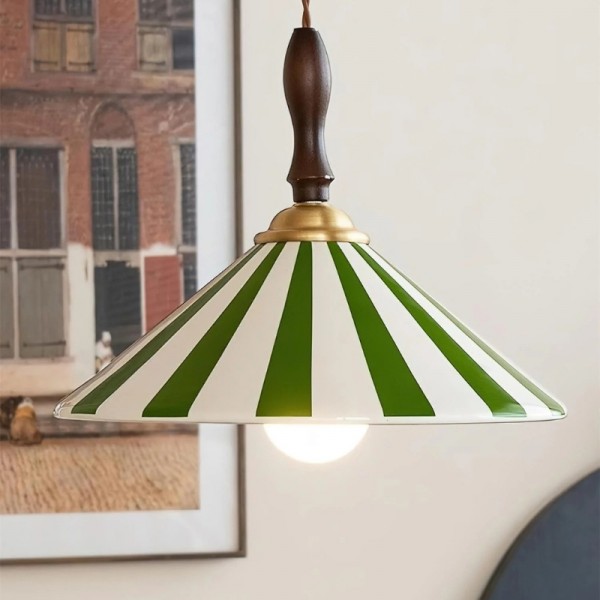 Lampada a sospensione vintage in ceramica a righe colorate con dettagli in legno S282