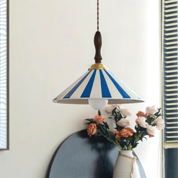 Lampada a sospensione vintage in ceramica a righe colorate con dettagli in legno S282