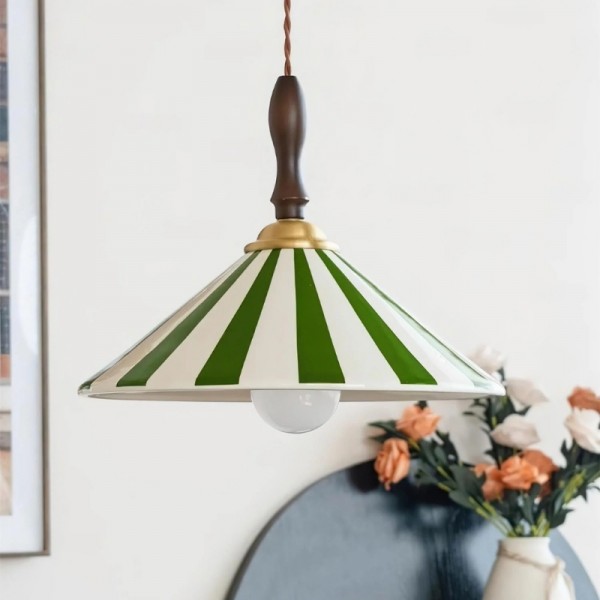 Lampada a sospensione vintage in ceramica a righe colorate con dettagli in legno S282