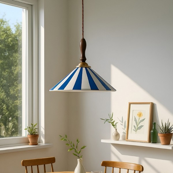 Lampada a sospensione vintage in ceramica a righe colorate con dettagli in legno S282