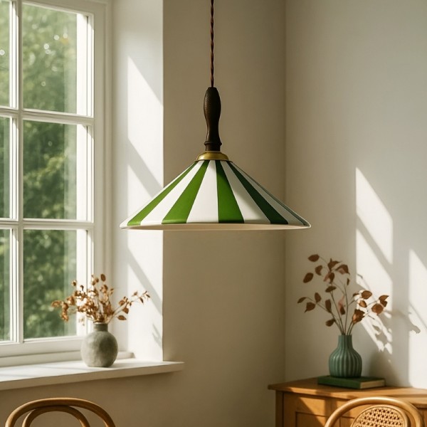 Lampada a sospensione vintage in ceramica a righe colorate con dettagli in legno S282