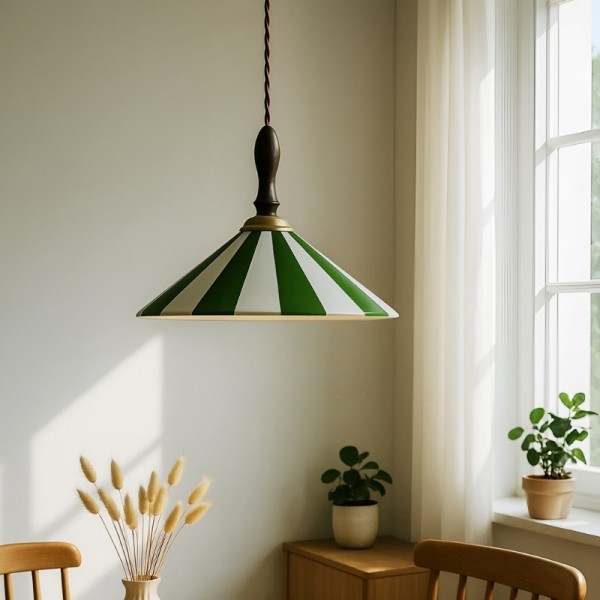 Lampada a sospensione vintage in ceramica a righe colorate con dettagli in legno S282