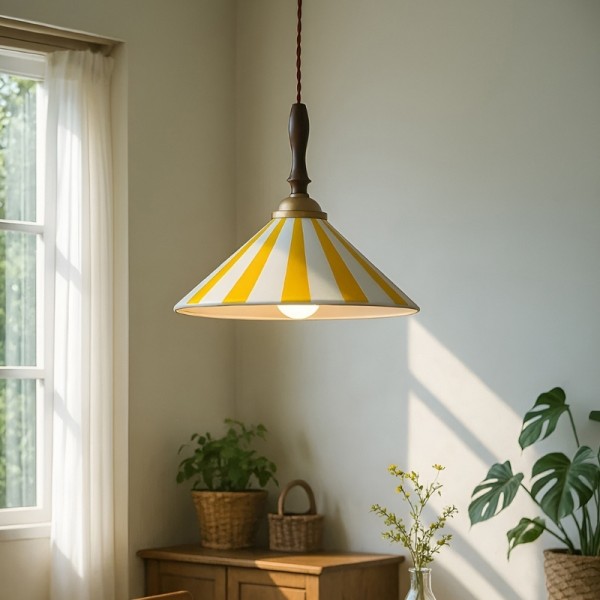 Lampada a sospensione vintage in ceramica a righe colorate con dettagli in legno S282