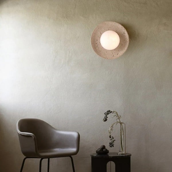 Wabi-Sabi Travertine Wall Light with Glowing Glass Globe S291