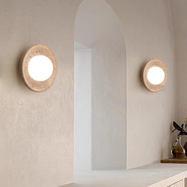 Wabi-Sabi Travertine Wall Light with Glowing Glass Globe S291