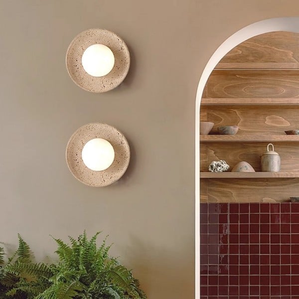 Wabi-Sabi Travertine Wall Light with Glowing Glass Globe S291