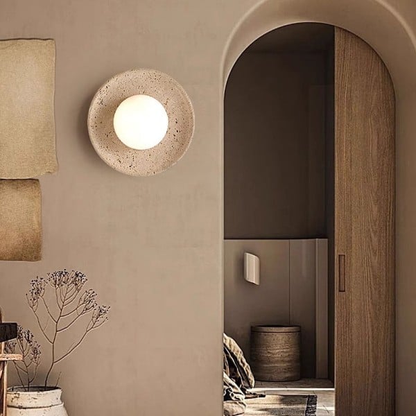 Wabi-Sabi Travertine Wall Light with Glowing Glass Globe S291