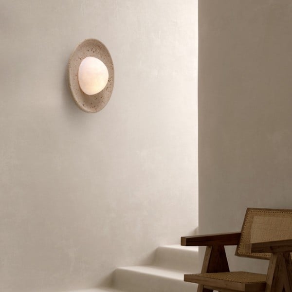 Wabi-Sabi Travertine Wall Light with Glowing Glass Globe S291