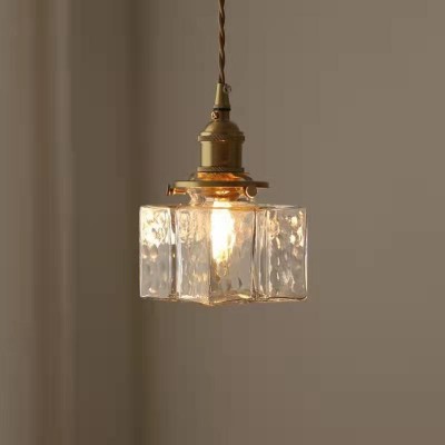 Lampada a sospensione tradizionale vintage in ferro con 1 luce, quadrata, rettangolare e vetro ondulato, per soggiorno T262