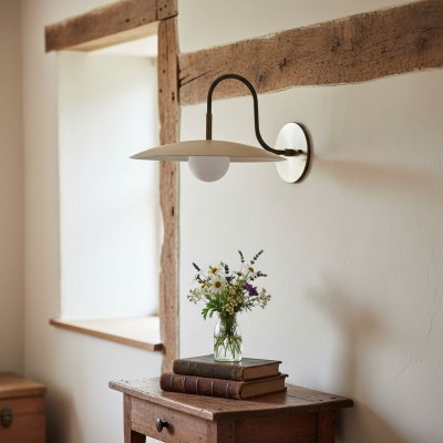 Curva Metal Modern Wall Sconce - Antique Brass Arm with Cream Disc Shade T409