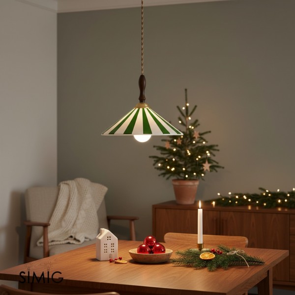 Lampada a sospensione vintage in ceramica a righe colorate con dettagli in legno S282