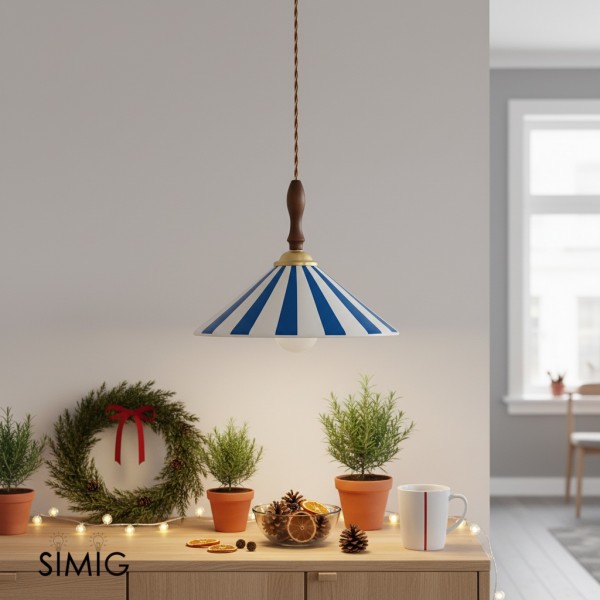 Lampada a sospensione vintage in ceramica a righe colorate con dettagli in legno S282