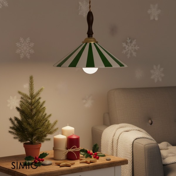 Lampada a sospensione vintage in ceramica a righe colorate con dettagli in legno S282