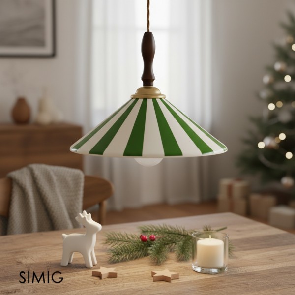 Lampada a sospensione vintage in ceramica a righe colorate con dettagli in legno S282