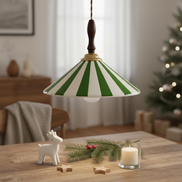 Lampada a sospensione vintage in ceramica a righe colorate con dettagli in legno S282