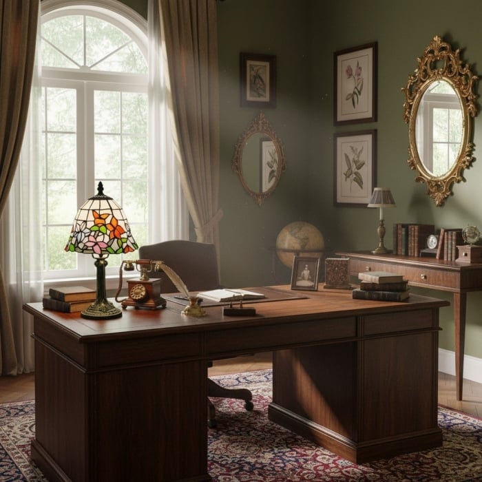 Virelle Traditional Tiffany Table Lamp - Colorful Stained Glass Dome Desk Light for Bedroom T549