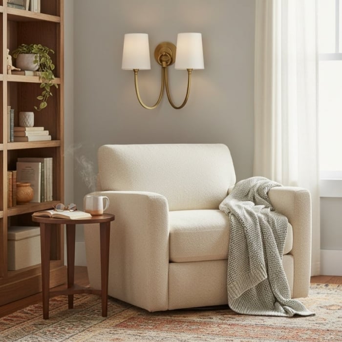 Nowoczesna podwójna kinkiet ścienny Roven z zakrzywionymi ramionami i materiałowymi abażurami – klasyczne oświetlenie