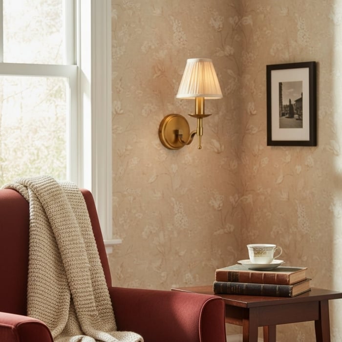 Kinkiet Tela – abażur materiałowy z mosiężną ramą do salonu T655