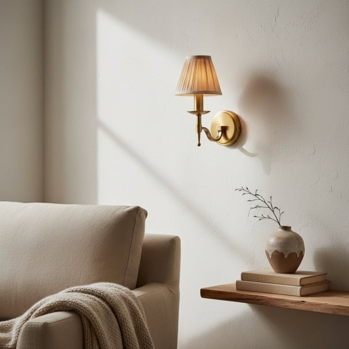 Kinkiet Tela – abażur materiałowy z mosiężną ramą do salonu T655