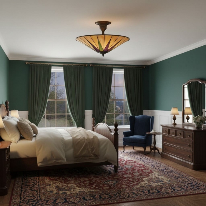 Lampa sufitowa TF Dark Star Tiffany – witrażowy wzór gwiazdy do jadalni lub przedpokoju T637