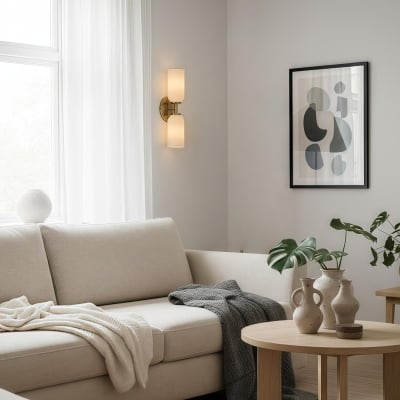 Kinkiet ścienny Vega Glass 2-punktowy z kloszami w kolorze szampańskim – nowoczesna lampa ścienna z metalową ramą do łazienki i