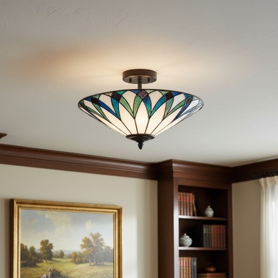 TF Allanton Tiffany Semi Flush Ceiling Light - Art Nouveau Patterned Shade for Living or Dining T1006