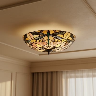 TF Ashton Tiffany Dragonfly Motif Tiffany Glass Flush Surface Mount - Transitional Style for Bedrooms and Lounge Spaces T1055