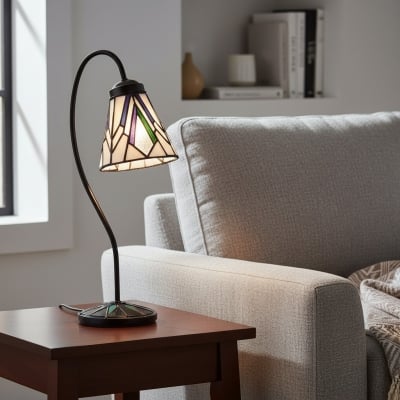 Lampa stołowa TF Astoria Tiffany – wygięte ramię w kształcie łabędziej szyi, klosz szklany w stylu art déco, do biurka T1023