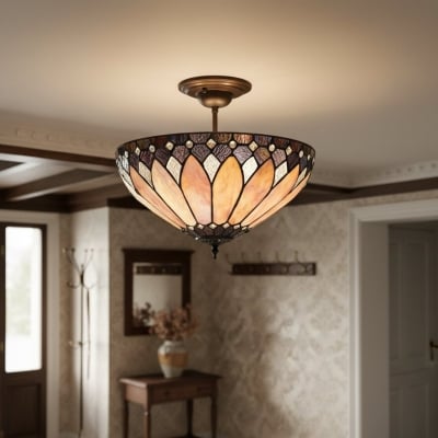 TF Brooklyn Tiffany Semi-flush Ceiling Light - Geometric Glass Shade for Hallways or Living Rooms T1042