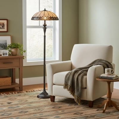 TF Brooklyn Geometric Art Deco Tiffany Floor Lamp - Stained Glass Shade and Satin Black Base for Living Room T887