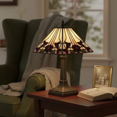 Lampa stołowa z witrażem TF Camillo Dragonfly – secesyjna w stylu Tiffany z falowaną krawędzią do salonu i sypialni T961