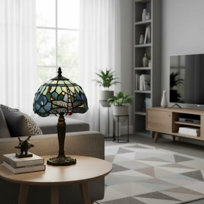 Lampa stołowa TF Dragonfly ręcznie cięta – witraż w stylu vintage do sypialni lub salonu T964