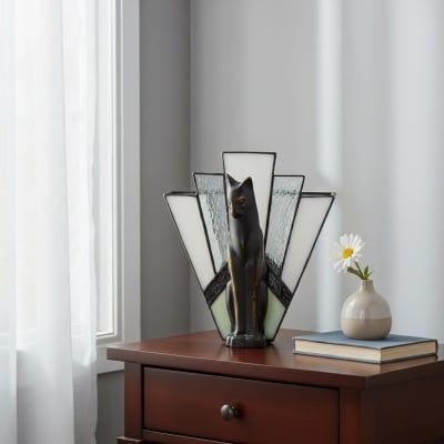 Lampa stołowa TF Felix – styl art déco ze szklanym kloszem i figurką kota do salonu lub sypialni T986