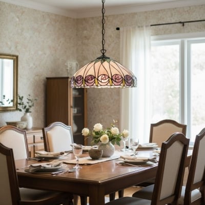 Lampa wisząca Tiffany Glass firmy TF Hutchinson z artystycznym wzorem mozaiki do jadalni i salonu T956