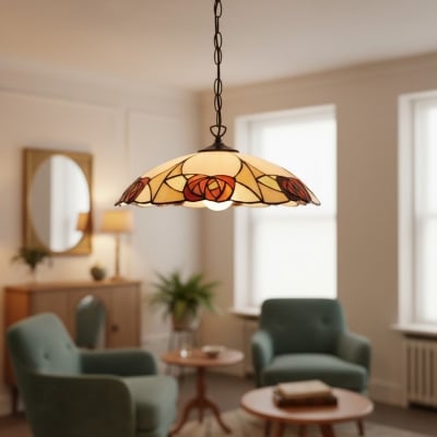 Lampa wisząca Tiffany TF Ingram – ręcznie robiony klosz z witrażu w stylu vintage z motywem kwiatowym do jadalni T1030