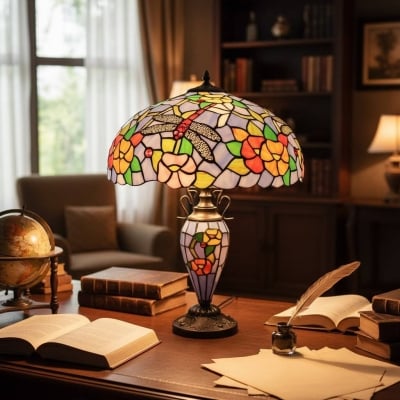 Lampa stołowa Tiffany Dragonfly firmy TF Keswick – ręcznie wykonany klosz z witrażu do salonu lub sypialni T938