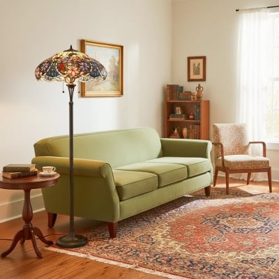 TF Sullivan Tiffany Floor Lamp - Floral Stained Glass Design for Study or Living Room T861